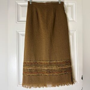 Sag Harbor Woven Detail Fringe Hem Brown Midi Skirt with Patterned Hem Size 12